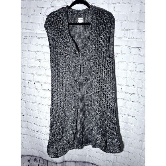 CHICOS LADIES LONG GRAY SLEEVELESS CARDIGAN KNIT SWEATER SZ (2 CHICOS) EUC AND W - Picture 1 of 5